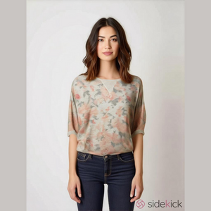 Pull and Bear Thin Knit Floral 3/4 Sleeve Top Women’s Size Medium
